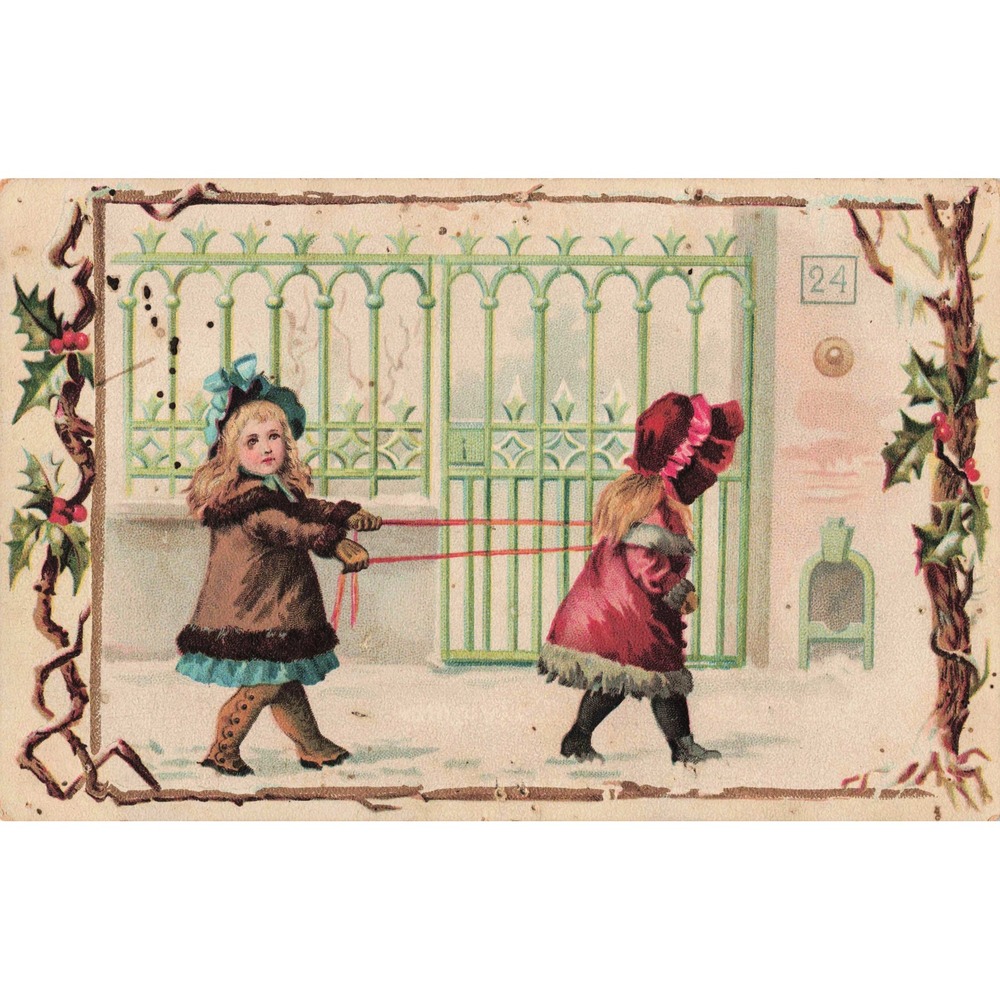 Antique Victorian Trade Card Winter Girls Snow Scene Holly Border #24 - Picture 1 of 2